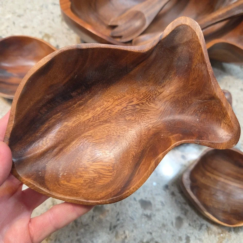 Hilo Hattie Monkey Pod Wood Fish Salad Set Serving Bowl Small Bowls Utensils MCM